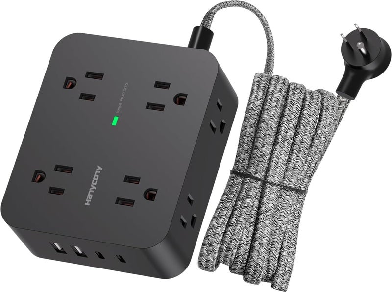 HANYCONY Power Strip Surge Protector, HANYCONY 8 Outlets with 4 USB Charging Ports(2 USB C), 3 Side Outlet Extender with 5 Ft Extension Cord, Flat Plug, Wall Mount, Desk Charging Station for Home Office ETL - Image 1