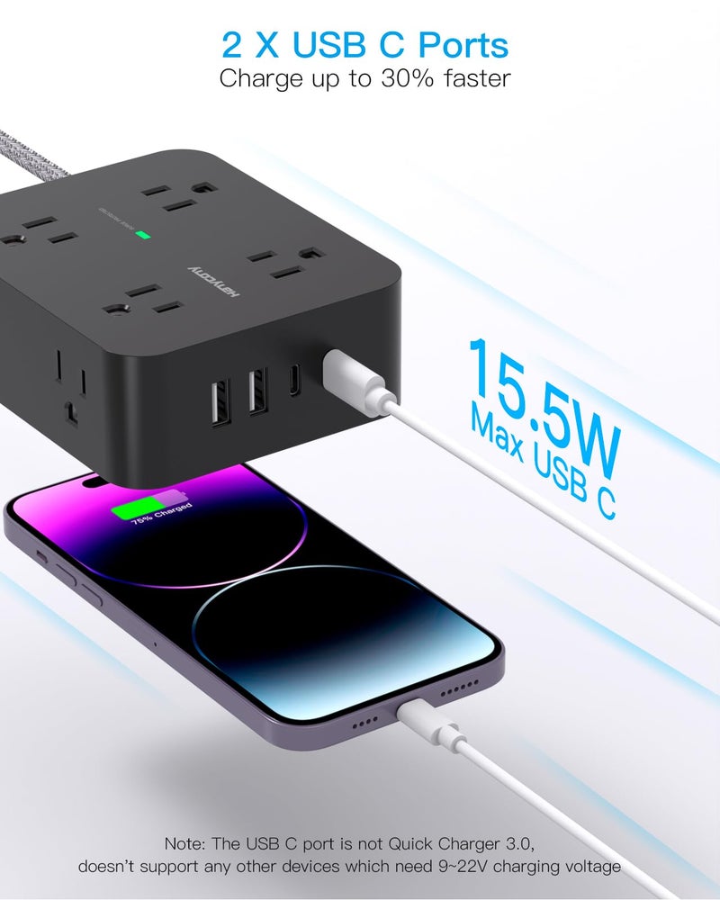 HANYCONY Power Strip Surge Protector, HANYCONY 8 Outlets with 4 USB Charging Ports(2 USB C), 3 Side Outlet Extender with 5 Ft Extension Cord, Flat Plug, Wall Mount, Desk Charging Station for Home Office ETL - Image 4