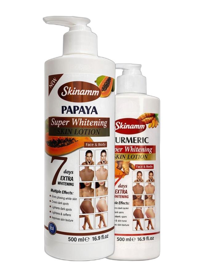 Skinamm لوسيون تفتيح البشرة الفائق من البابايا للوجه والجسم 500 مل و لوسيون تفتيح البشرة الفائق من الكركم للوجه والجسم 500 مل حزمة - Image 1