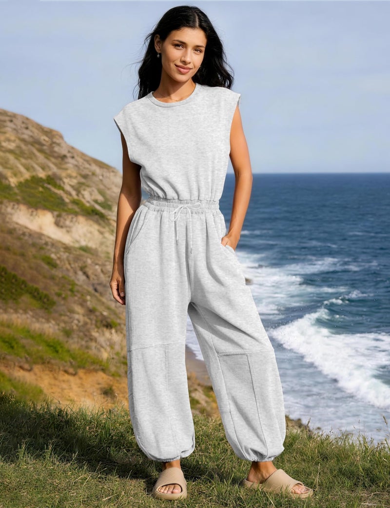 Flygo Womens Casual Jumpsuit Crewneck Cap Sleeve Long Wide Leg Pants One Piece Outfits Drawstring Romper with Pockets(LightGrey Large) - Image 2