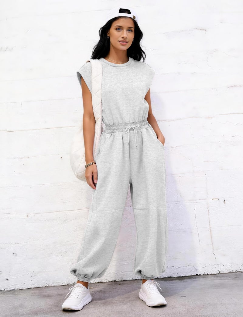 Flygo Womens Casual Jumpsuit Crewneck Cap Sleeve Long Wide Leg Pants One Piece Outfits Drawstring Romper with Pockets(LightGrey Large) - Image 5