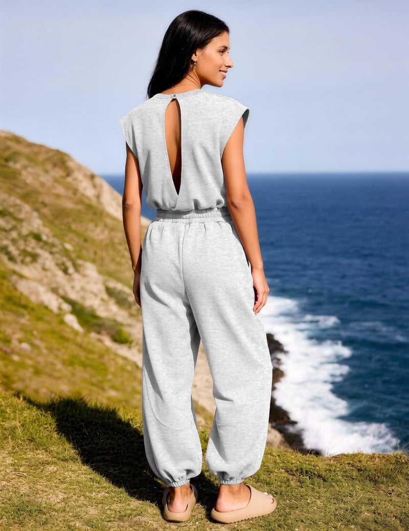 Flygo Womens Casual Jumpsuit Crewneck Cap Sleeve Long Wide Leg Pants One Piece Outfits Drawstring Romper with Pockets(LightGrey Large) - Image 4