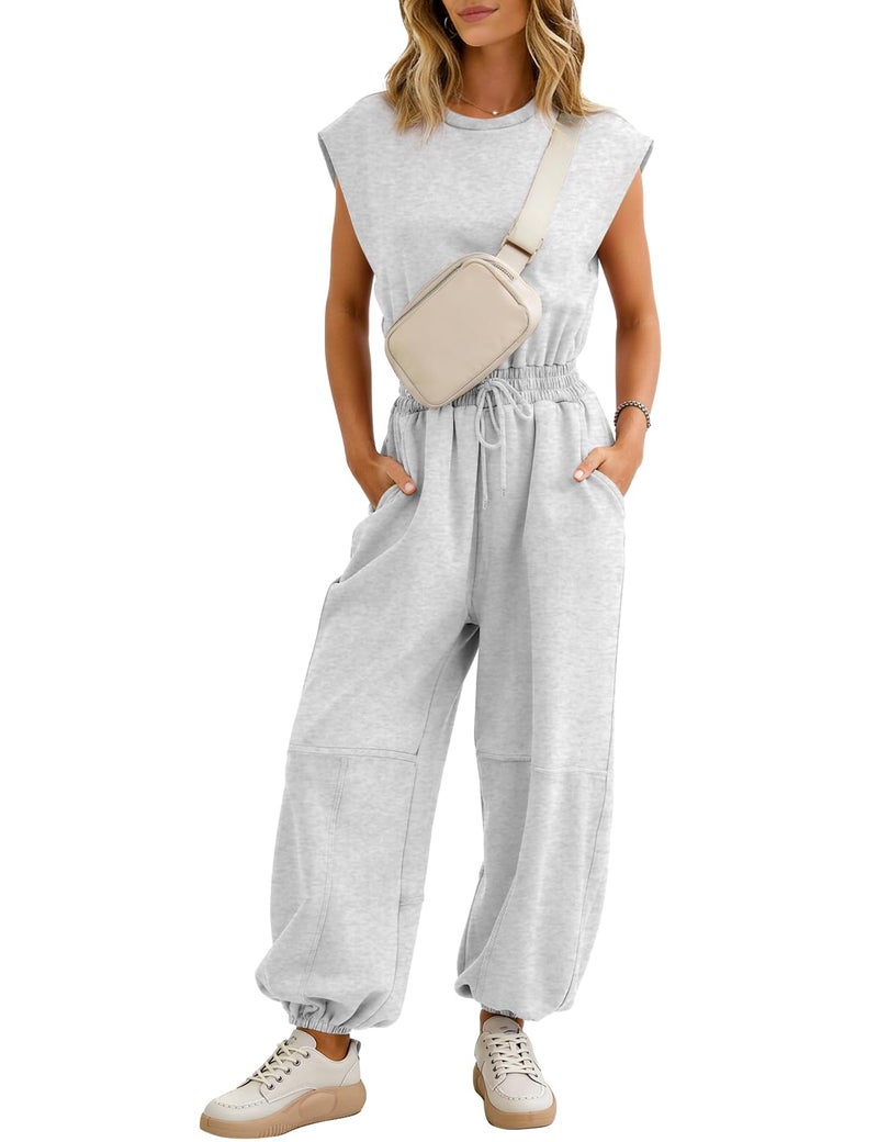 Flygo Womens Casual Jumpsuit Crewneck Cap Sleeve Long Wide Leg Pants One Piece Outfits Drawstring Romper with Pockets(LightGrey Large) - Image 1