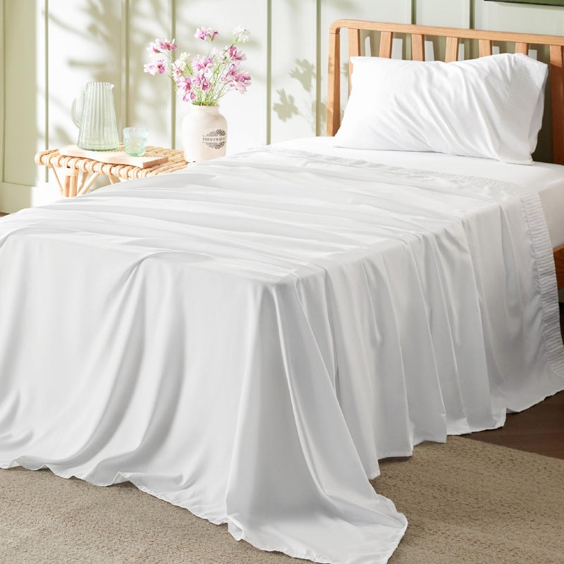 Bedsure 3 Pieces Soft Extra Long Twin XL Sheets Set, Hotel Luxury, Includes 1 Fitted Sheet (100 cm x 203 cm) with Full Elastic and 35 cm Deep Pocket suitable for Single and Wide Single Mattresses, 1 Flat Sheet  (167 cm x 254 cm) and 1 Pillowcase (50 cm x 75 cm), Easy Care Microfiber, White - Image 1