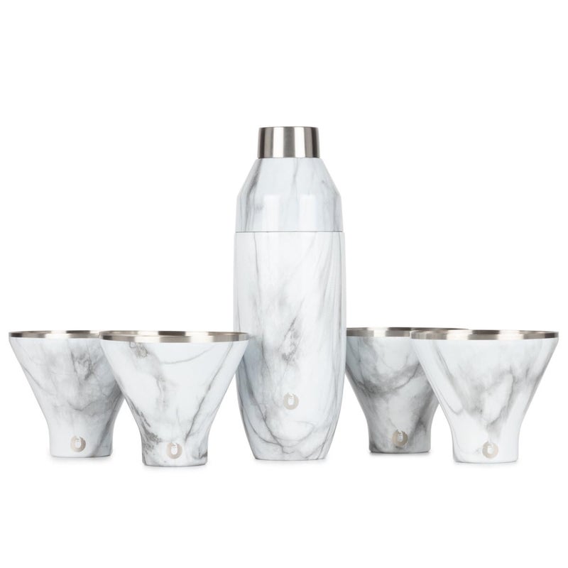Snowfox Premium Vacuum Insulated Stainless Steel 22oz Cocktail Shaker and 4 Martini Glass Set Home Bar Accessories Elegant Drink Mixer Leak Proof Lid  Built In Strainer Gift Box Marble