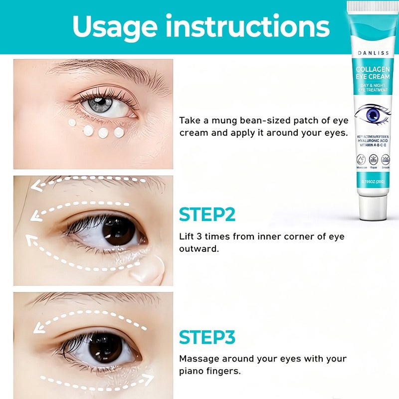 Danliss Collagen Peptide Day & Night Repairing Soft Tube Eye Cream 20g, Hyaluronic Acid Multivitamin Moisturizing - Image 4