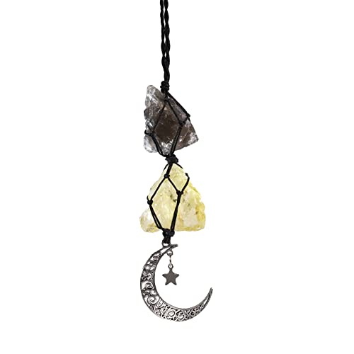 BOHO GARDEN Hanging Car Charm - Smoky Quartz & Citrine - Dangling Moon, Healing Crystal Accessories, Rearview Mirror Decorations ÐGrounding, Cleansing, Protection, Joy, Abundance, Clarity, Energy - Image 1