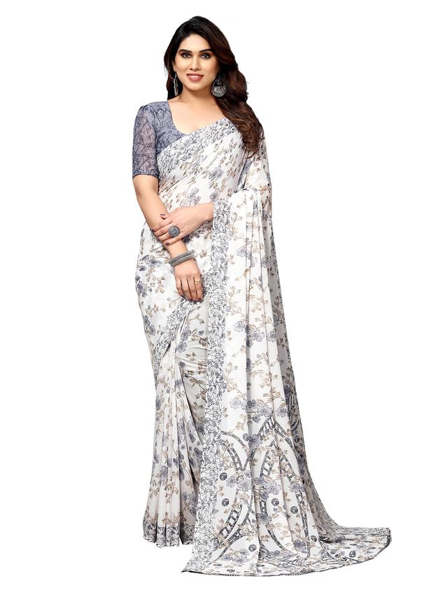 Satrani Women's Georgette Floral Printed Saree with Unstitched Blouse Piece (3181S2247N_White & Grey & Beige) - Image 4