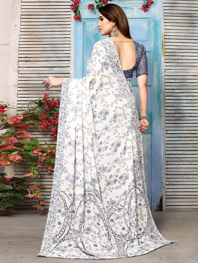 Satrani Women's Georgette Floral Printed Saree with Unstitched Blouse Piece (3181S2247N_White & Grey & Beige) - Image 5
