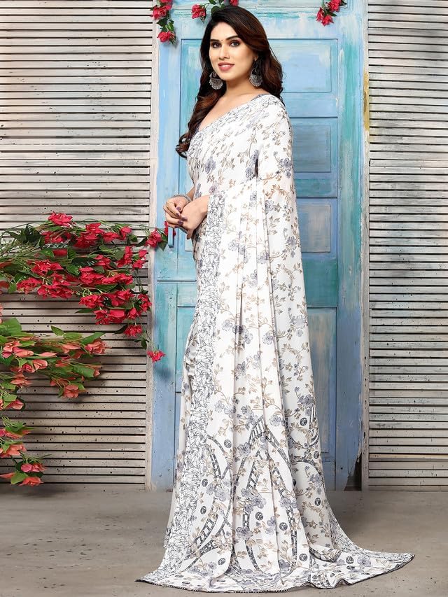 Satrani Women's Georgette Floral Printed Saree with Unstitched Blouse Piece (3181S2247N_White & Grey & Beige) - Image 3