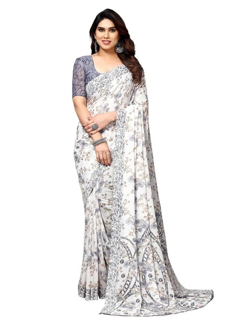 Satrani Women's Georgette Floral Printed Saree with Unstitched Blouse Piece (3181S2247N_White & Grey & Beige) - Image 1