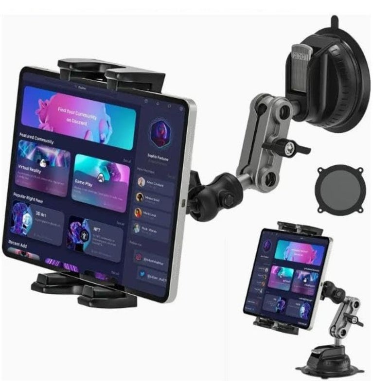 حامل تابلت عالي التحمل لقاعدة لاصقة لكوب شفط السيارة والشاحنة، دعامة معدنية قابلة للتعديل 360 درجة، أسود، تثبيت قوي للأجهزة اللوحية والهواتف مقاس 4.7 إلى 12.9 بوصة - Image 1