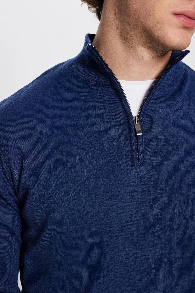 Tudors Men's Classic Fit Regular Cut Woolen Zippered Dark Blue Stand Collar Knitwear Sweater