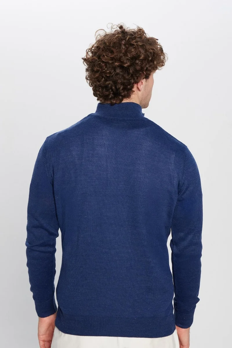 Tudors Men's Classic Fit Regular Cut Woolen Zippered Dark Blue Stand Collar Knitwear Sweater