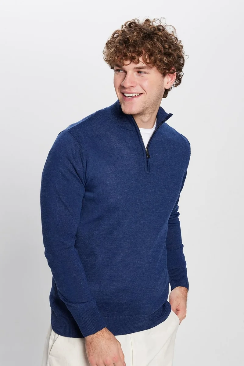 Tudors Men's Classic Fit Regular Cut Woolen Zippered Dark Blue Stand Collar Knitwear Sweater