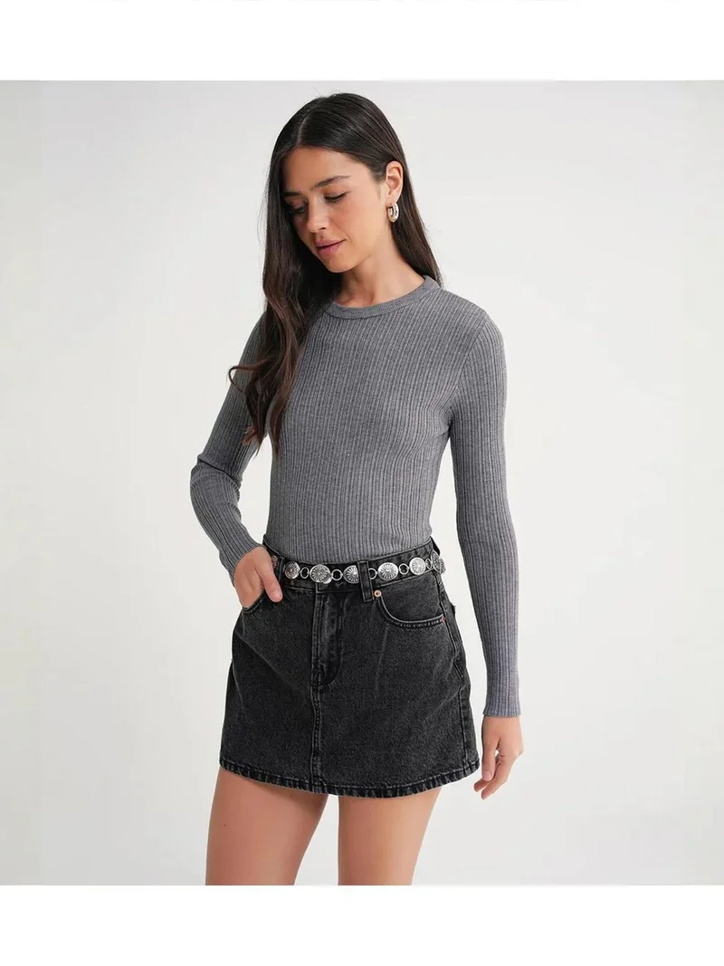 MixRay Grey Mixray Soft Textured Ribbed Fitted Top for Women | Best Price UAE