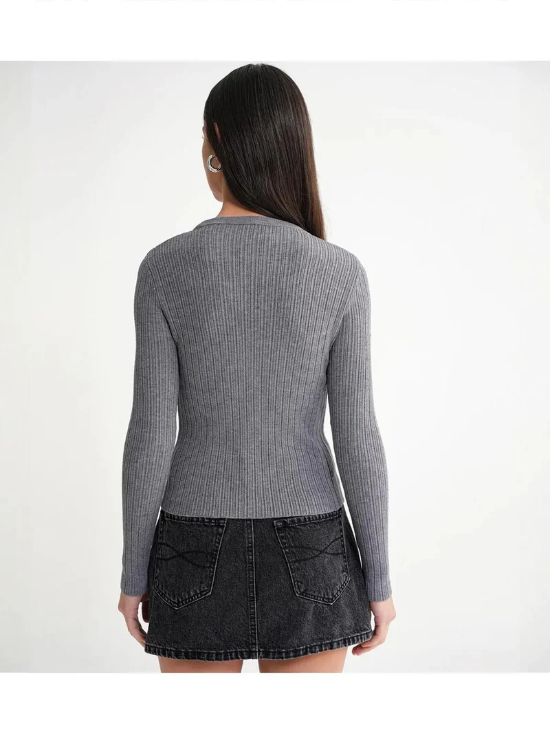 MixRay Grey Mixray Soft Textured Ribbed Fitted Top for Women | Best Price UAE