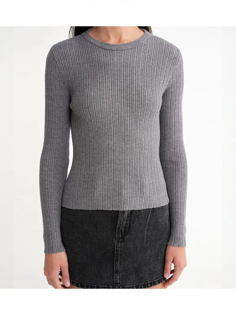 MixRay Grey Mixray Soft Textured Ribbed Fitted Top for Women | Best Price UAE