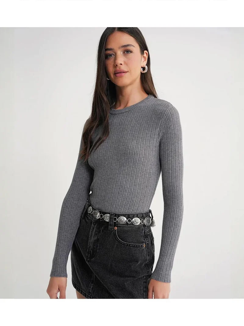 MixRay Grey Mixray Soft Textured Ribbed Fitted Top for Women | Best Price UAE