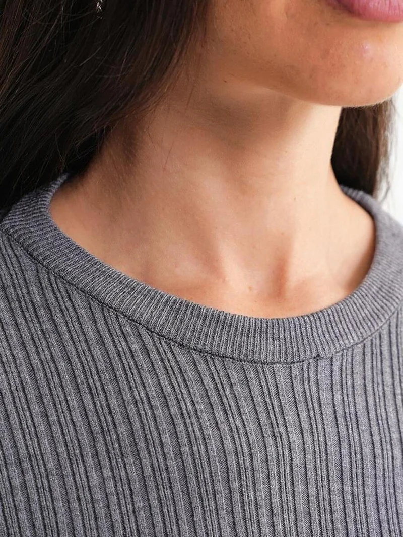 MixRay Grey Mixray Soft Textured Ribbed Fitted Top for Women | Best Price UAE