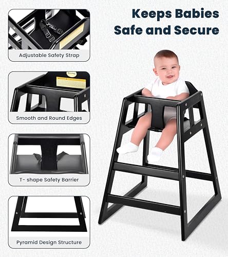 Alpine Industries Alpine Wooden High Chairs for Babies and Toddlers with Safety Strap, Commercial Grade Restaurant High Chair, Durable Wood Space Saver Baby Feeding Chair, Ideal for Dining Spaces (2 Pack, Black) - Image 3
