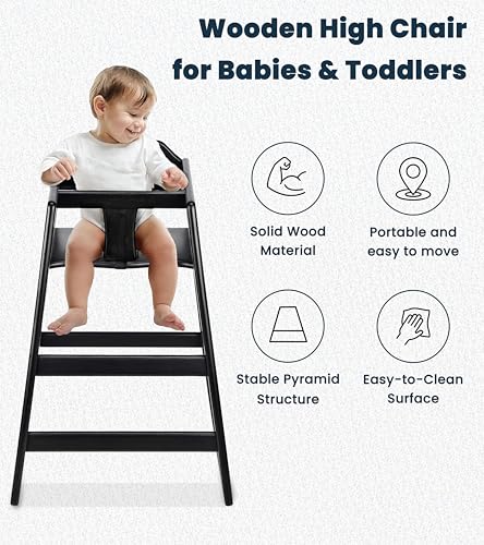 Alpine Industries Alpine Wooden High Chairs for Babies and Toddlers with Safety Strap, Commercial Grade Restaurant High Chair, Durable Wood Space Saver Baby Feeding Chair, Ideal for Dining Spaces (2 Pack, Black) - Image 2
