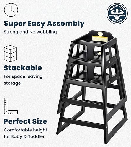Alpine Industries Alpine Wooden High Chairs for Babies and Toddlers with Safety Strap, Commercial Grade Restaurant High Chair, Durable Wood Space Saver Baby Feeding Chair, Ideal for Dining Spaces (2 Pack, Black) - Image 5