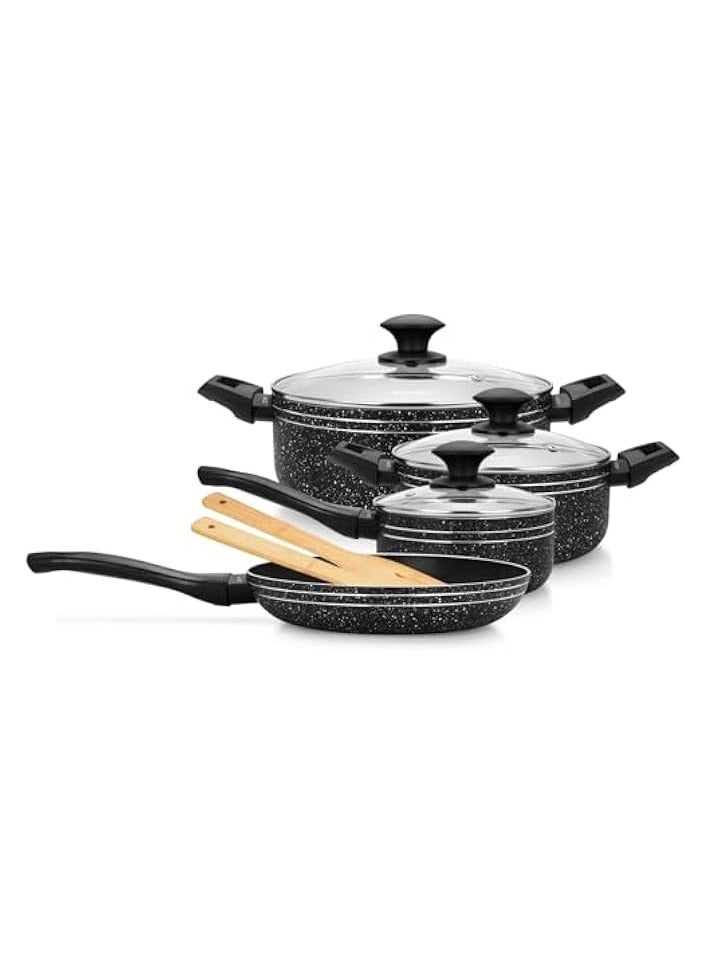 Green Tiger Non Stick 9 Pcs Cookware Set Black, Pressed Aluminum, Kitchen Induction ready, Dishwasher safe with Frying pan and Wooden tools - Image 1