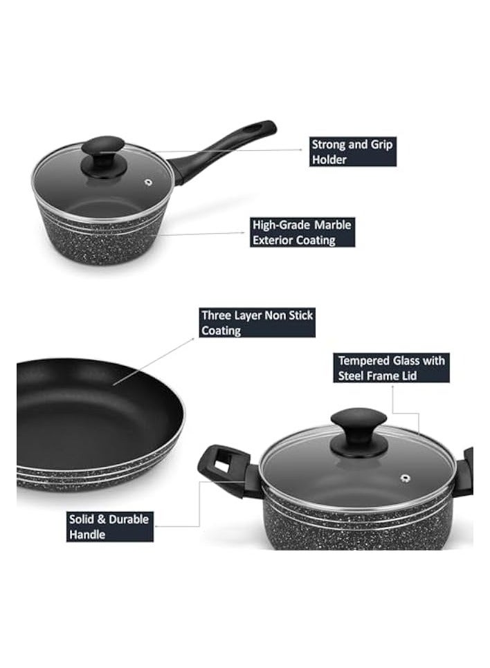 Green Tiger Non Stick 9 Pcs Cookware Set Black, Pressed Aluminum, Kitchen Induction ready, Dishwasher safe with Frying pan and Wooden tools - Image 2