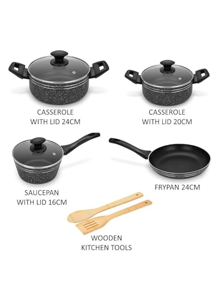 Green Tiger Non Stick 9 Pcs Cookware Set Black, Pressed Aluminum, Kitchen Induction ready, Dishwasher safe with Frying pan and Wooden tools - Image 3