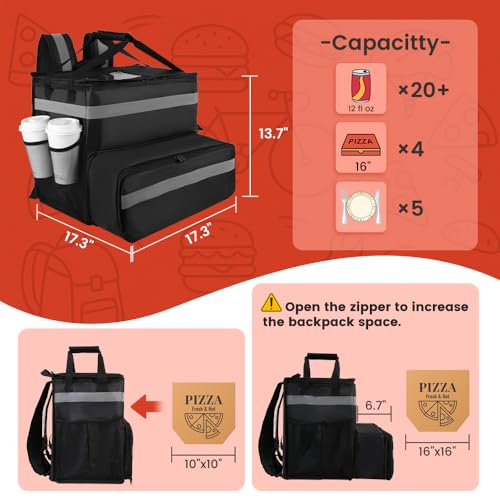 CIVJET Food Delivery Bag, Large Insulated Pizza Delivery Backpack fits 14'' 16'' Pizzas for Doordash/Uber Eeats, Expandable Cooler Bags for Bike/Motorcycle with Reflective Strip and Cup Holders - Image 2