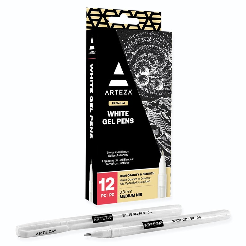 ARTEZA White Gel Pens Set of 12 Rollerball Pens for Drawing Highlights Writing Opaque Ink for Black Paper and Dark Surfaces