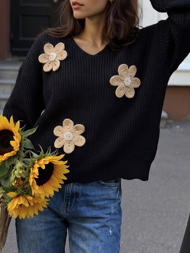 WU 2026 Autumn Winter Women's Sweater with 3D Beaded Floral Patchwork, V-Neck Long Sleeve Pullover, Street Style Knit Top - Image 5