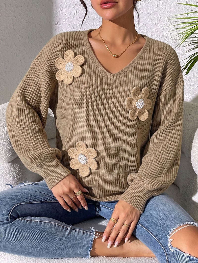 WU 2026 Autumn Winter Women's Sweater with 3D Beaded Floral Patchwork, V-Neck Long Sleeve Pullover, Street Style Knit Top - Image 4