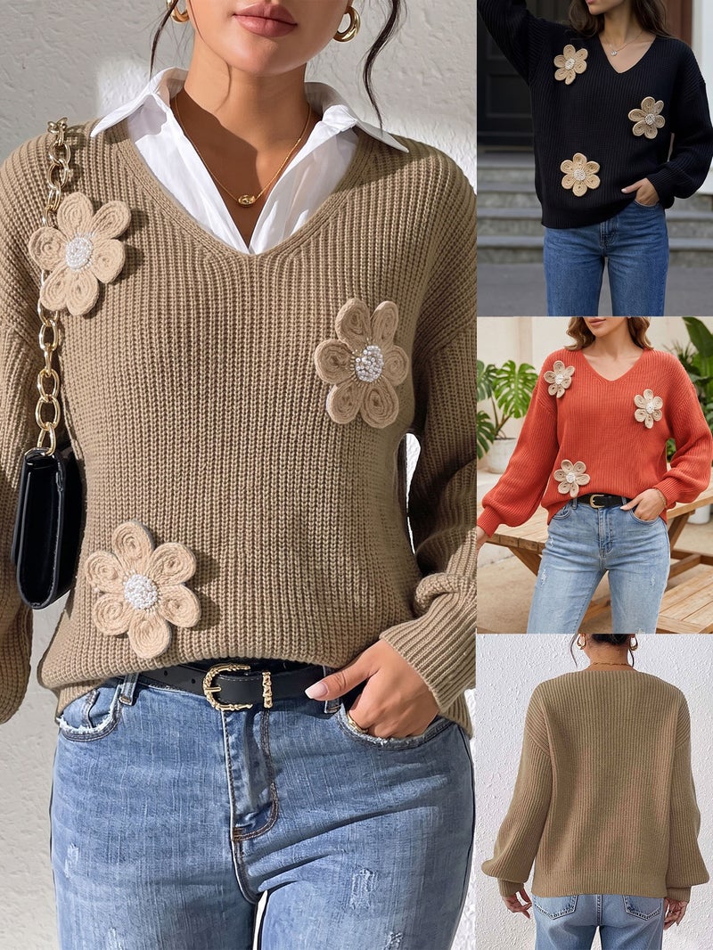 WU 2026 Autumn Winter Women's Sweater with 3D Beaded Floral Patchwork, V-Neck Long Sleeve Pullover, Street Style Knit Top - Image 2
