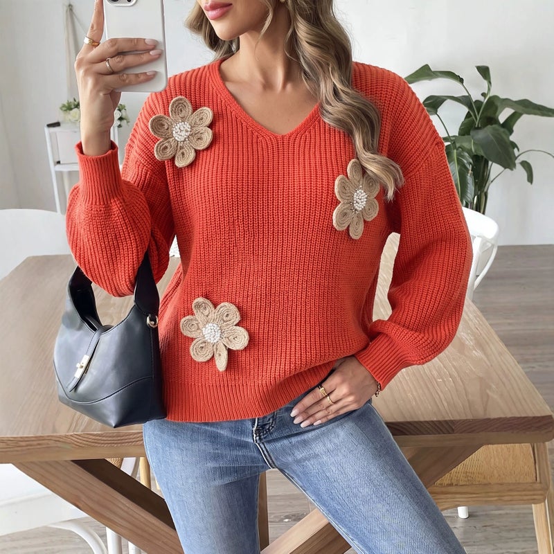 WU 2026 Autumn Winter Women's Sweater with 3D Beaded Floral Patchwork, V-Neck Long Sleeve Pullover, Street Style Knit Top - Image 1