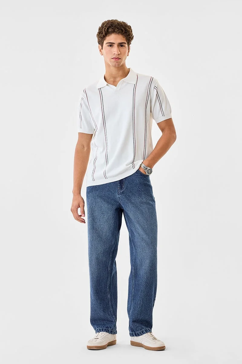 SNITCH White Striped Half Sleeve Regular Fit T-Shirt