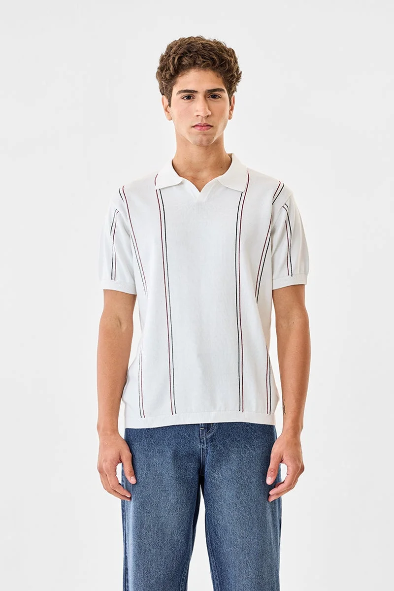 SNITCH White Striped Half Sleeve Regular Fit T-Shirt