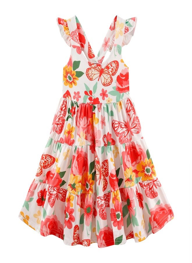 RETSUGO Flower Girl Dress Easter Flutter Sleeve Twirly Shirred Tiered Sundress Kids Summer Outfits Toddler Smock Floral Dresses Back to School 3-4 Years Old - Image 1