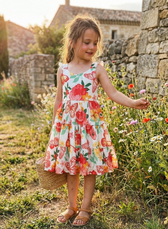 RETSUGO Flower Girl Dress Easter Flutter Sleeve Twirly Shirred Tiered Sundress Kids Summer Outfits Toddler Smock Floral Dresses Back to School 3-4 Years Old - Image 5