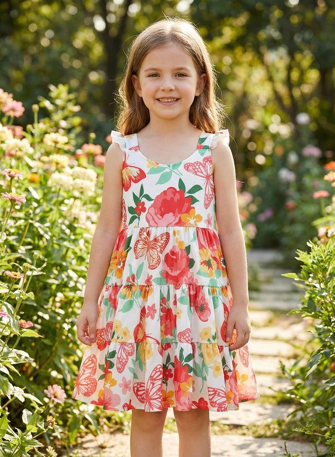 RETSUGO Flower Girl Dress Easter Flutter Sleeve Twirly Shirred Tiered Sundress Kids Summer Outfits Toddler Smock Floral Dresses Back to School 3-4 Years Old - Image 3