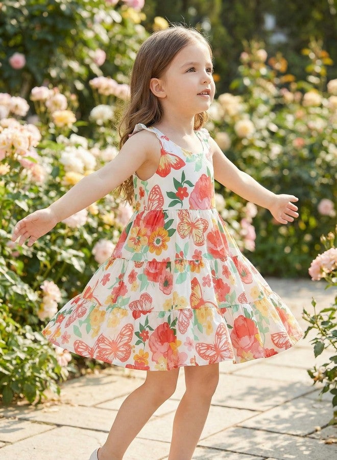 RETSUGO Flower Girl Dress Easter Flutter Sleeve Twirly Shirred Tiered Sundress Kids Summer Outfits Toddler Smock Floral Dresses Back to School 3-4 Years Old - Image 4