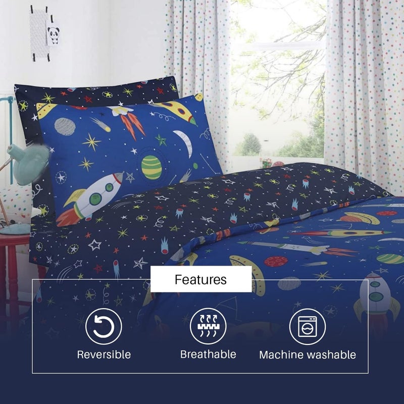DTEX HOMES دتكس هومز - طقم أغطية سرير للأطفال من القطن 100%، غطاء لحاف قابل للعكس مع أكياس وسائد وملاءة مطابقة (أزرق فضاء، طقم كامل مفرد) - Image 3