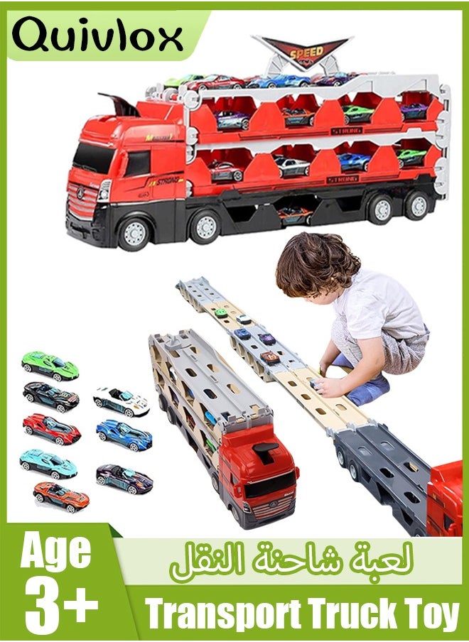 Quivlox - Transport Car Truck Toy,2 in 1 Race Track Car Toy,Toddler Transport Truck Toy for 2 3 4 5 6 Years Old Boys,8 in 1 Die-Cast Car Carrier Truck Toy, Construction Vehicle Truck Boy Toys,Catapult Transport Car Truck Carrier with 8 Race Toy Cars,Truck Boy Toys for Age 3-7 Toddlers Kids Girls Birthday - Image 1