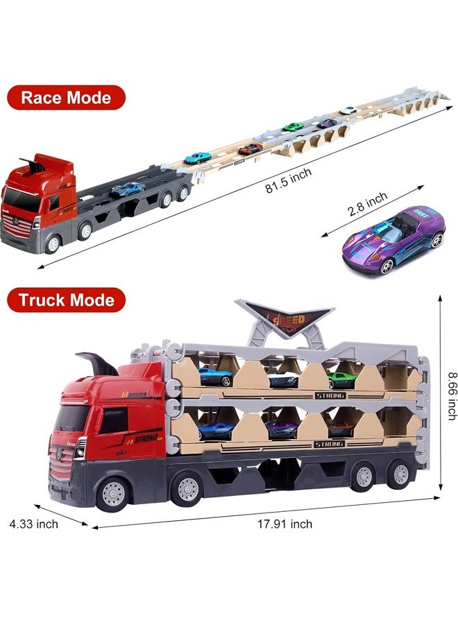 Quivlox - Transport Car Truck Toy,2 in 1 Race Track Car Toy,Toddler Transport Truck Toy for 2 3 4 5 6 Years Old Boys,8 in 1 Die-Cast Car Carrier Truck Toy, Construction Vehicle Truck Boy Toys,Catapult Transport Car Truck Carrier with 8 Race Toy Cars,Truck Boy Toys for Age 3-7 Toddlers Kids Girls Birthday - Image 1