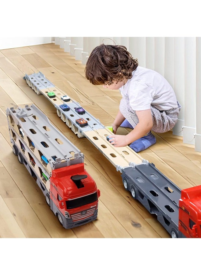 Quivlox - Transport Car Truck Toy,2 in 1 Race Track Car Toy,Toddler Transport Truck Toy for 2 3 4 5 6 Years Old Boys,8 in 1 Die-Cast Car Carrier Truck Toy, Construction Vehicle Truck Boy Toys,Catapult Transport Car Truck Carrier with 8 Race Toy Cars,Truck Boy Toys for Age 3-7 Toddlers Kids Girls Birthday - Image 1