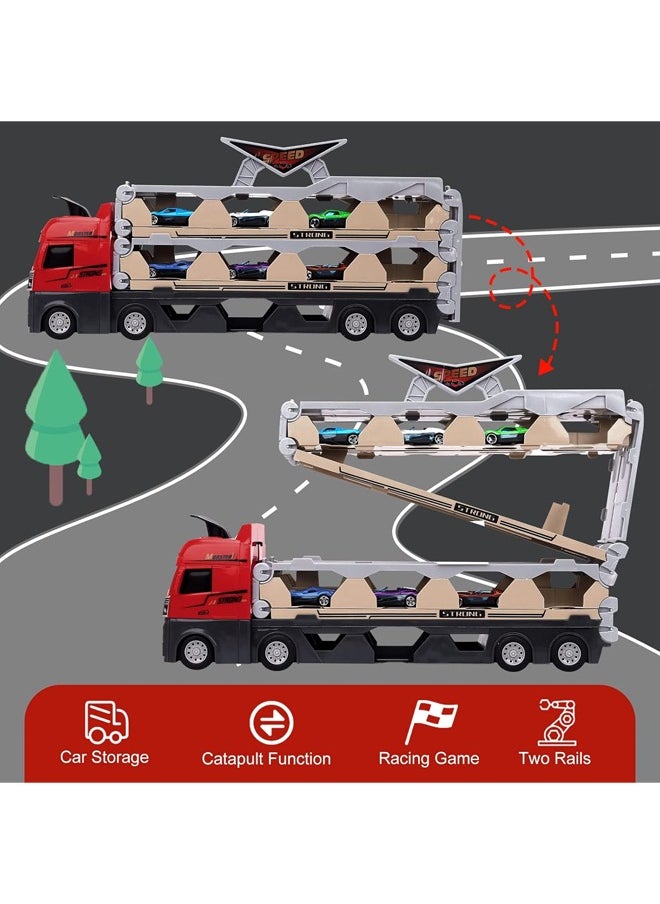 Quivlox - Transport Car Truck Toy,2 in 1 Race Track Car Toy,Toddler Transport Truck Toy for 2 3 4 5 6 Years Old Boys,8 in 1 Die-Cast Car Carrier Truck Toy, Construction Vehicle Truck Boy Toys,Catapult Transport Car Truck Carrier with 8 Race Toy Cars,Truck Boy Toys for Age 3-7 Toddlers Kids Girls Birthday - Image 1