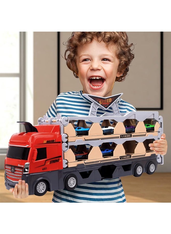 Quivlox - Transport Car Truck Toy,2 in 1 Race Track Car Toy,Toddler Transport Truck Toy for 2 3 4 5 6 Years Old Boys,8 in 1 Die-Cast Car Carrier Truck Toy, Construction Vehicle Truck Boy Toys,Catapult Transport Car Truck Carrier with 8 Race Toy Cars,Truck Boy Toys for Age 3-7 Toddlers Kids Girls Birthday - Image 1