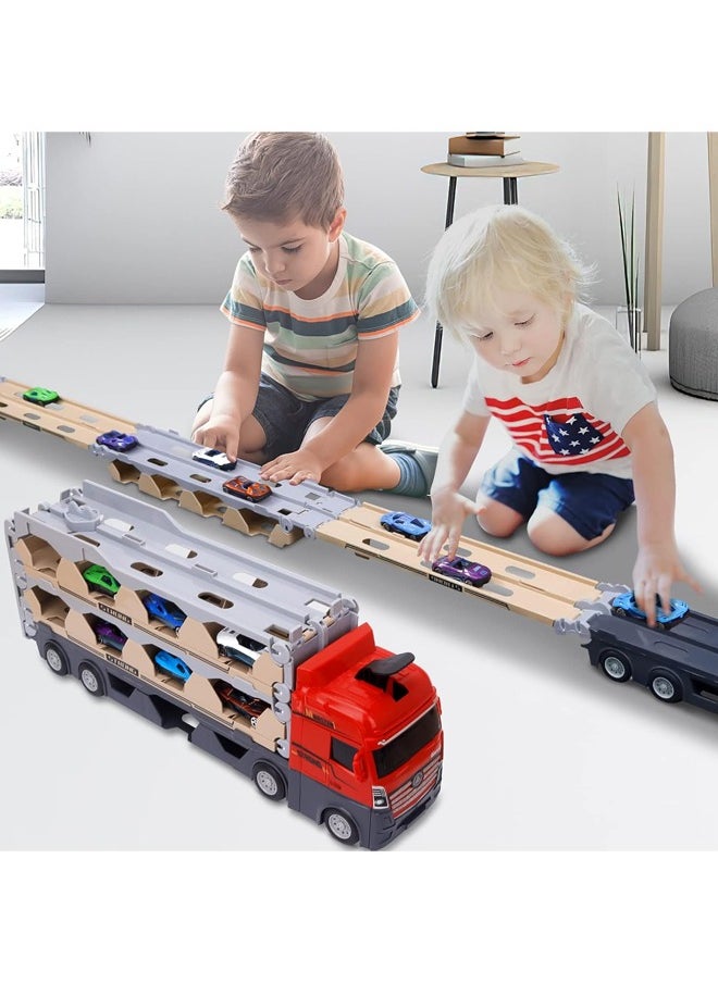Quivlox - Transport Car Truck Toy,2 in 1 Race Track Car Toy,Toddler Transport Truck Toy for 2 3 4 5 6 Years Old Boys,8 in 1 Die-Cast Car Carrier Truck Toy, Construction Vehicle Truck Boy Toys,Catapult Transport Car Truck Carrier with 8 Race Toy Cars,Truck Boy Toys for Age 3-7 Toddlers Kids Girls Birthday - Image 1