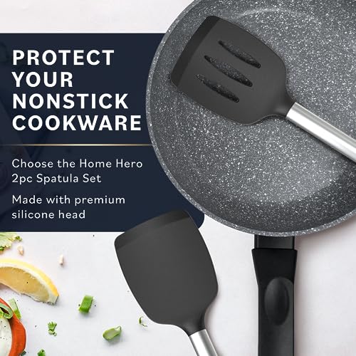 HomeHero Home Hero Silicone Spatula Set - Heat Resistant Spatulas for Cooking - Ergonomic Stainless Steel Cooking Utensils - Solid & Slotted Silicone Turners - Pack of 2, Black - Image 2